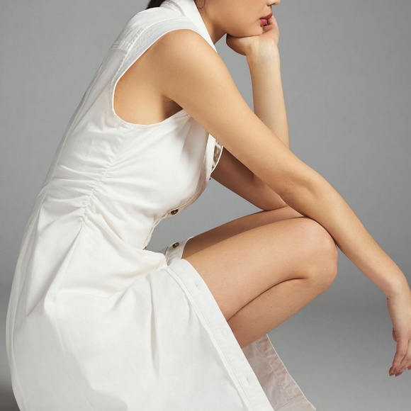 ANTHROPOLOGIE NWT Pilcro Dress Ivory Sleeveless Shirtdress‎ Ruched Button Shirt - Picture 2 of 10